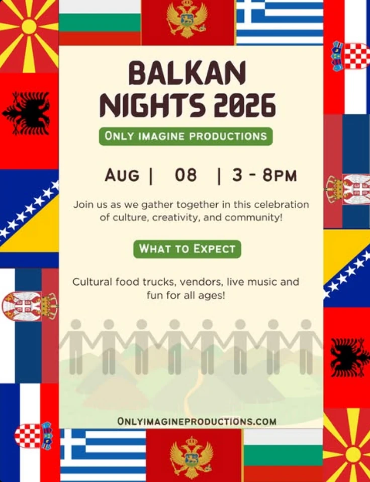 Balkan Nights 2026 flyer &mdash; August 8, 3 to 8 PM, presented by Only Imagine Productions